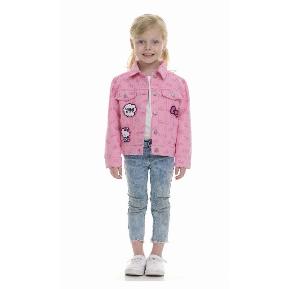 Hello Kitty Little Girls Size 7/8 Pink Denim Jacket Patches Pink Bows Adorable